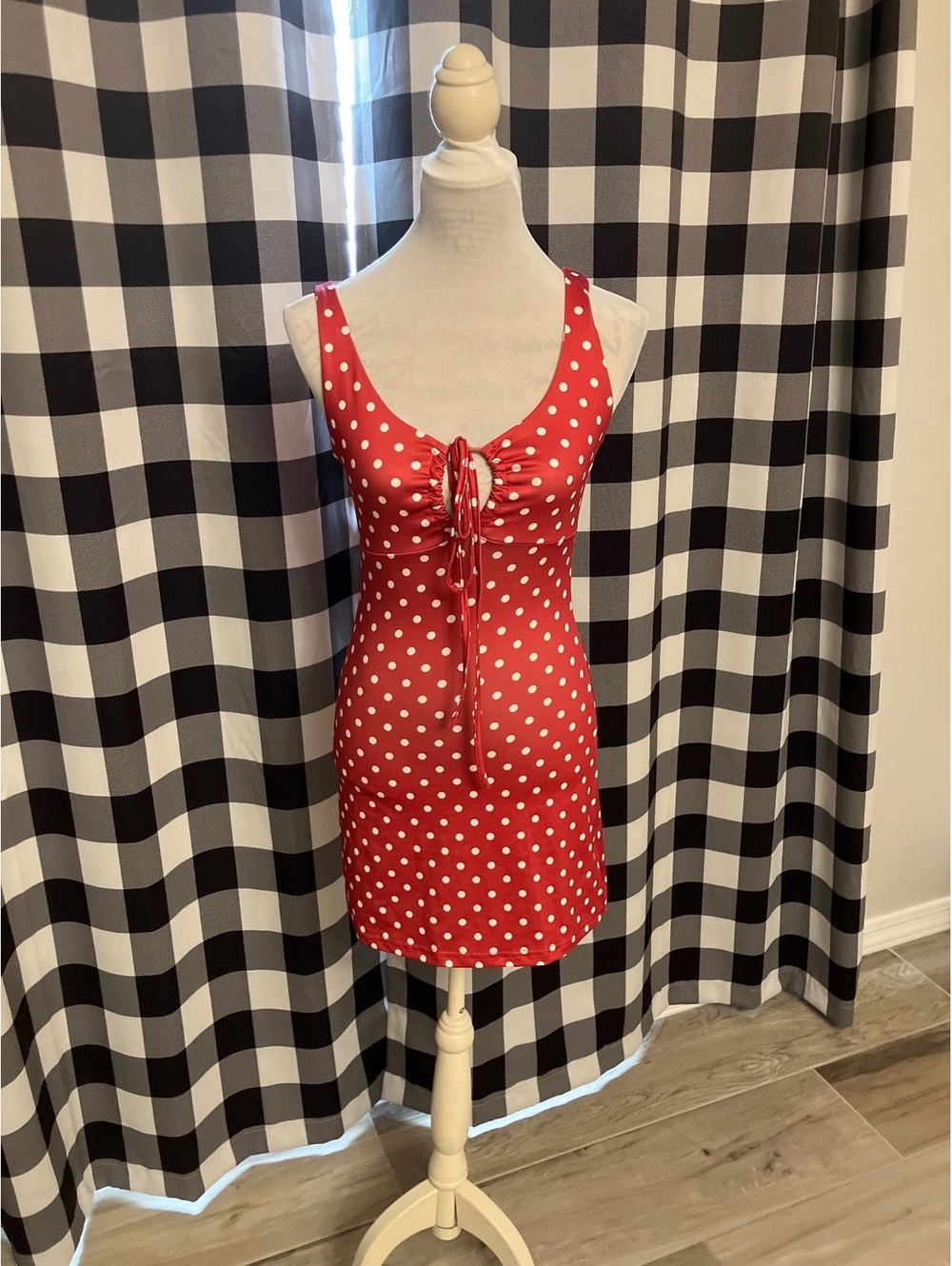 NWOT Red Polka Dot Mini Dress with Front Tie Detail